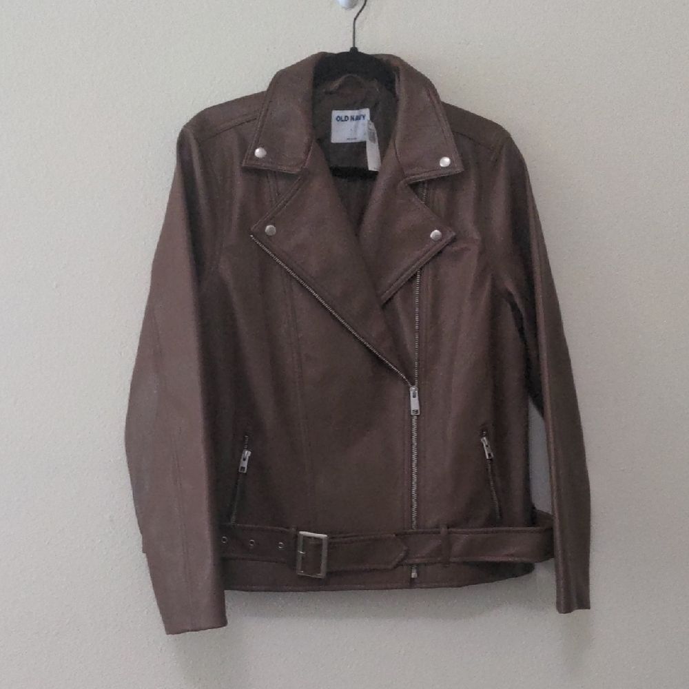 Old Navy Brown Leather Moto Jacket with Asymmetrical Zipper